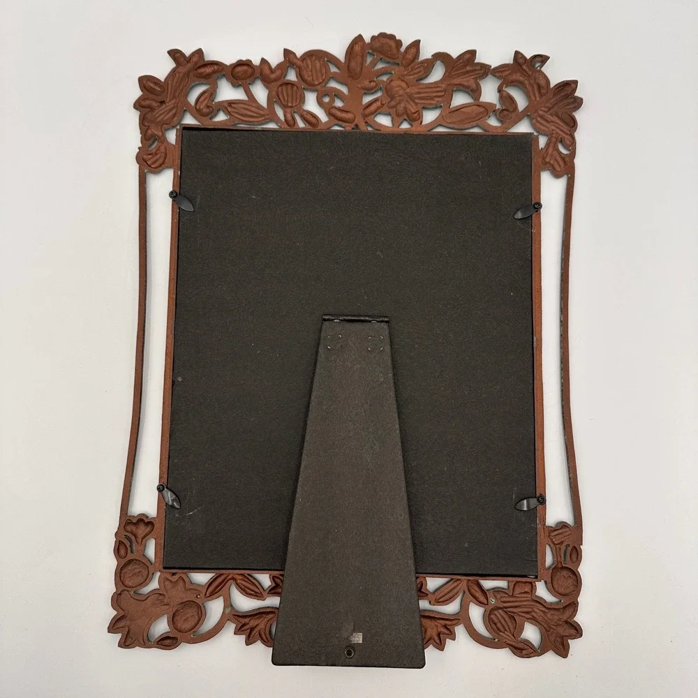 Vtg 8x10 Floral Cast Metal Picture Frame Copper Tone Turquoise Verdigris Photo